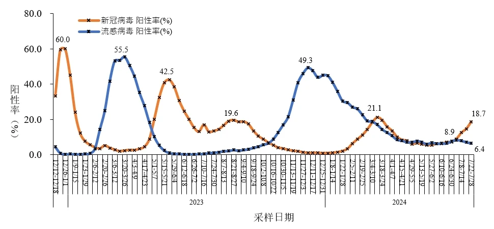 全国哨点医院流感样病例新冠和流感病毒阳性率变化趋势.webp