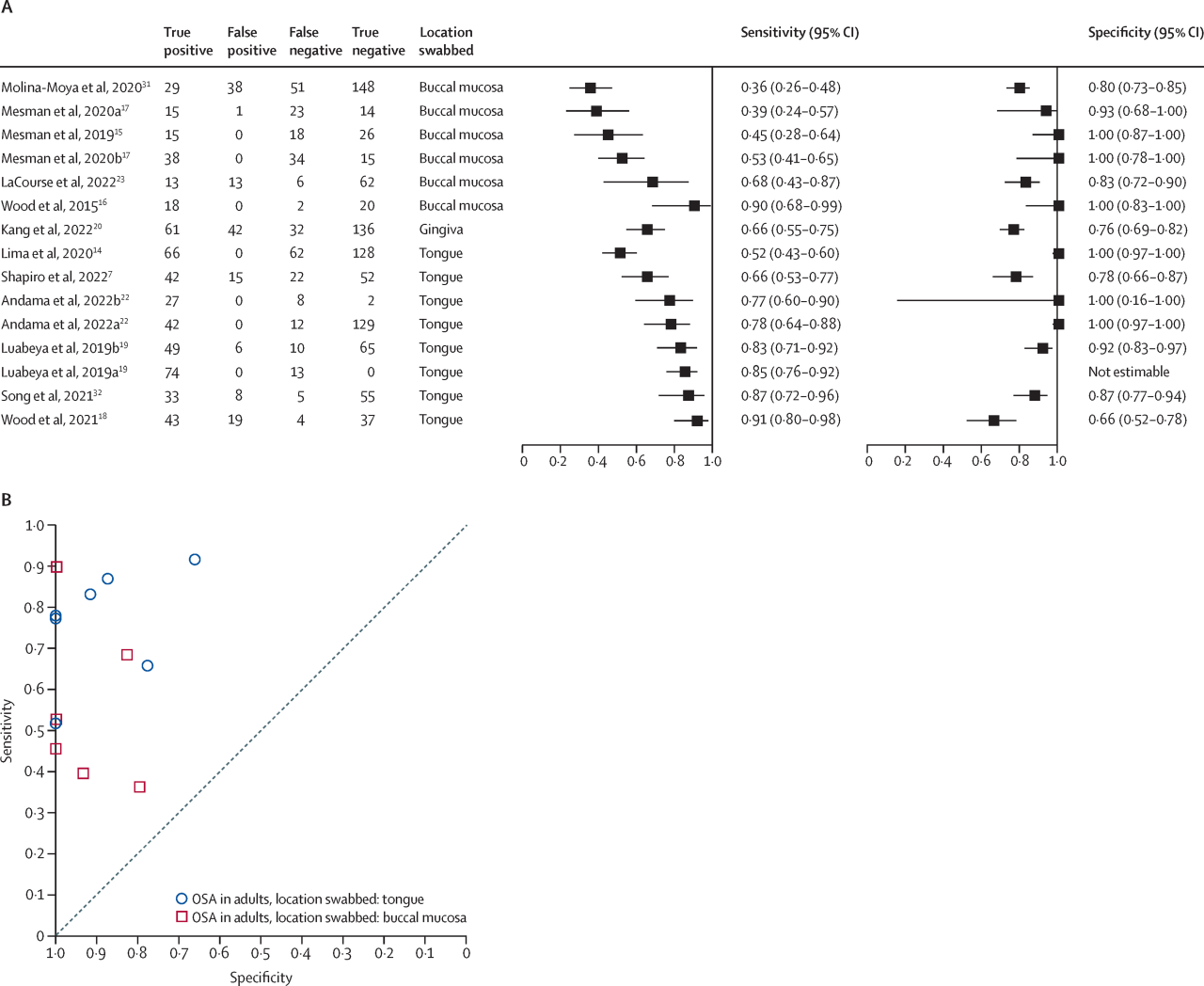 成人口腔拭子的Forest图(A)和SROC图(B).png